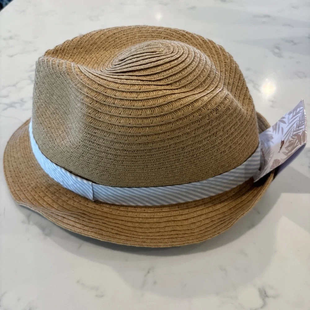 Tommy‎ Bahama Kids Straw Fedora Hat Seersucker Striped Band Vacation Summer NWT